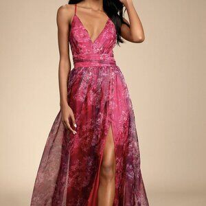 Romance That Wows Magenta Floral Print Organza Maxi Dress